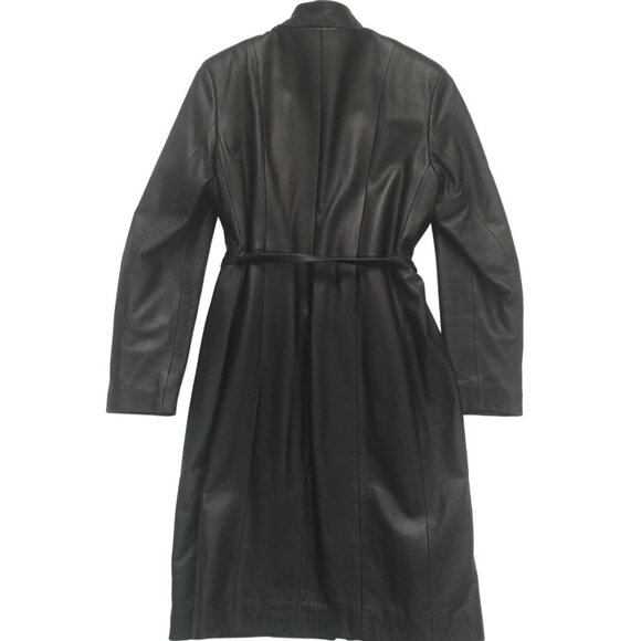 Vintage Black Leather Long Coat With Belt & Zipper Closure - Picture 4 of 13